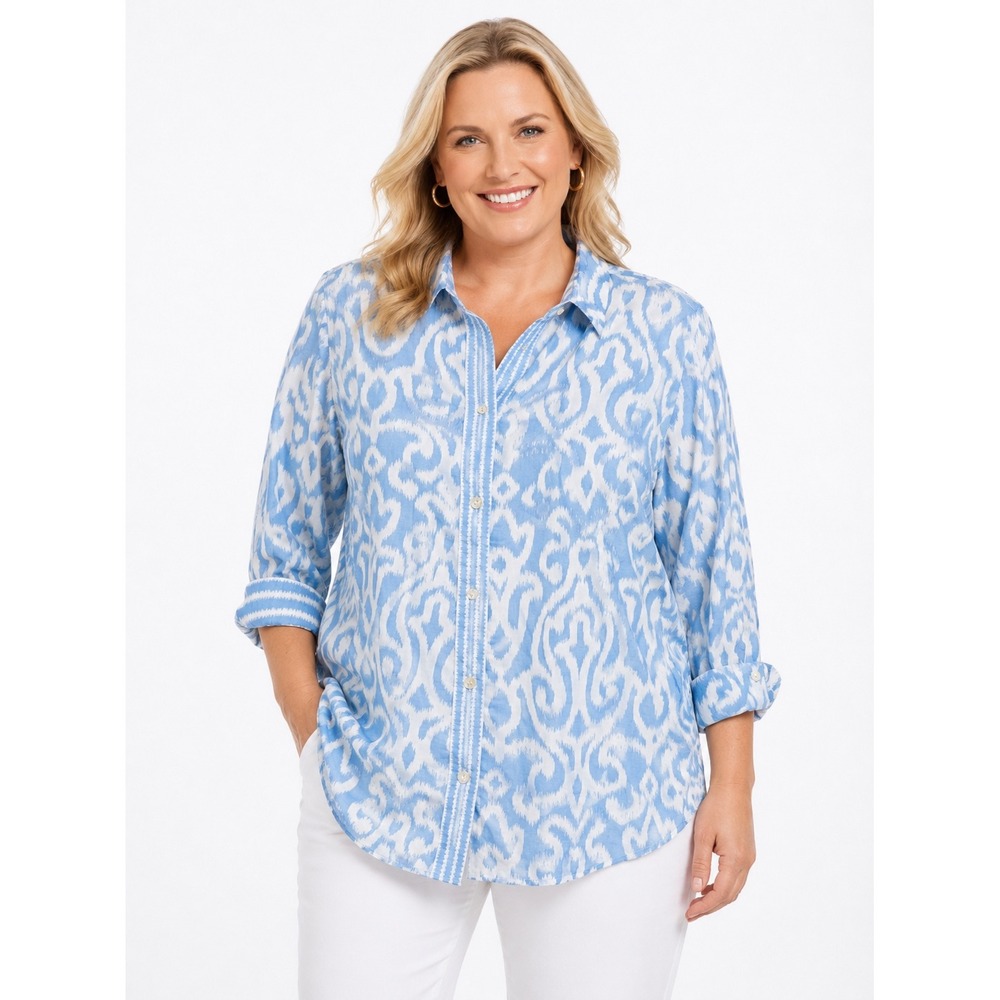 Gretchen Scott Periwinkle Blue Ikat Button Down Shirt Top Womens Large NWT